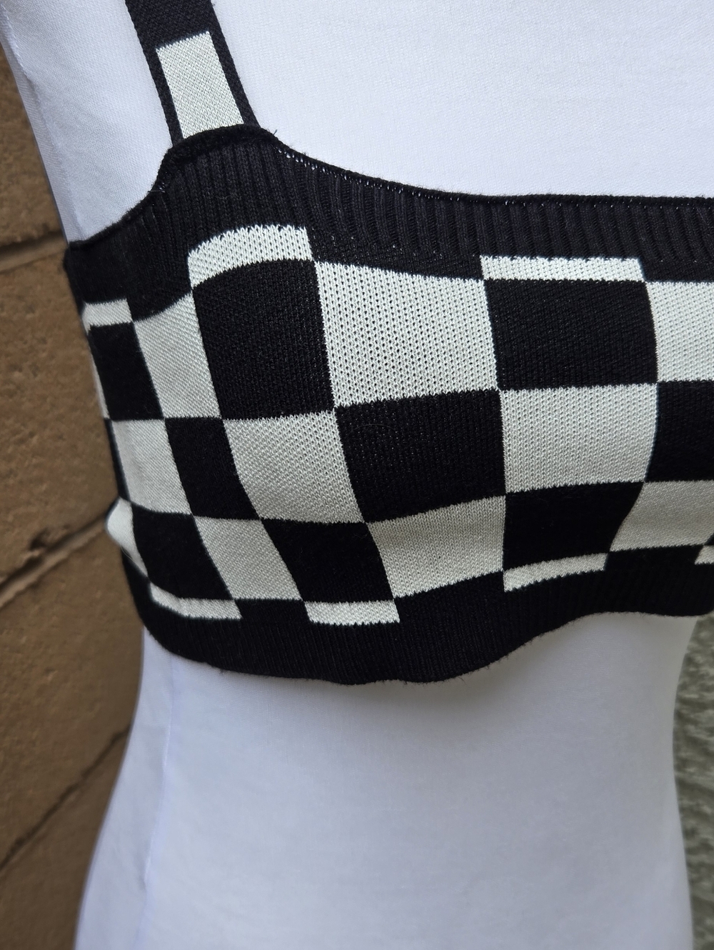 Edikted Black and White Checkerboard Knit Crop Top - Picture 2 of 8